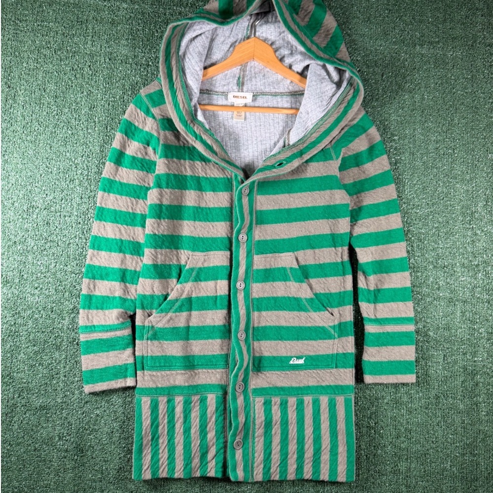 Diesel Cardigan Women Size S Green Grey Good Striped Hooded Longline Cotton Wool